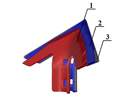 Рисунок 4. 3D-модели «Лап стрельчатых»: 1 – «Лапа стрельчатая» в состоянии поставки после полевых испытаний; 2 – «Лапа стрельчатая» упрочненная разработанным методом после полевых испытаний; 3 – «Лапа стрельчатая» первоначальной геометрии